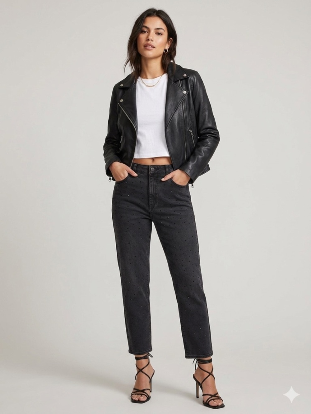 Camila Coelho Rhinestone Studded Black Straight Leg Ankle Jeans NWT